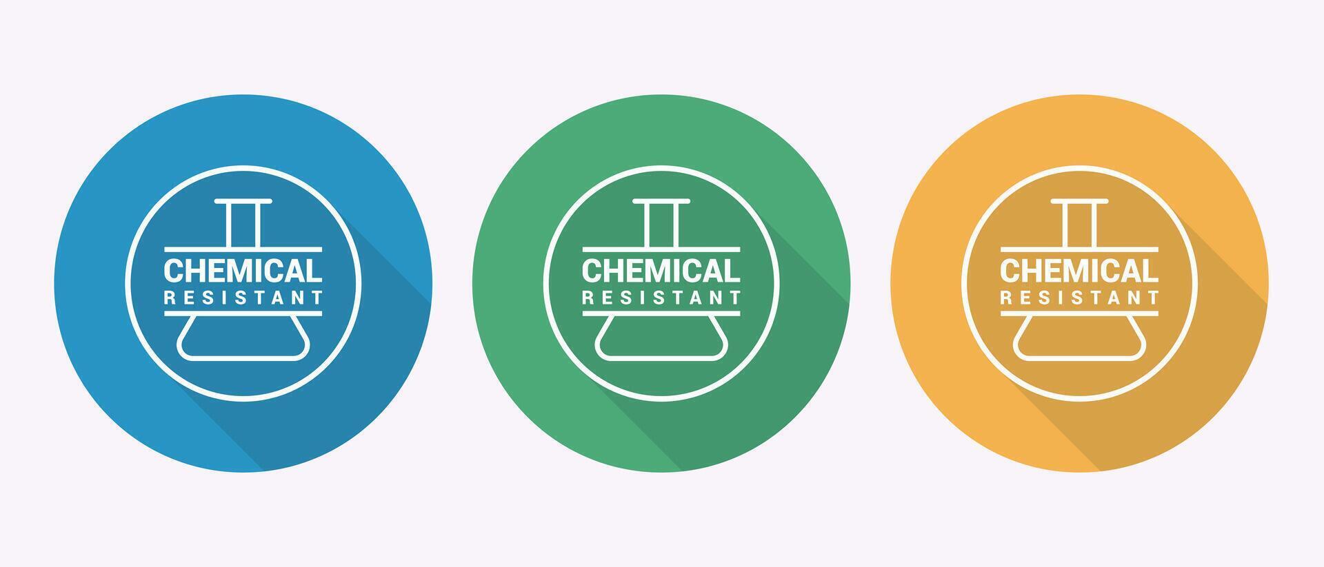 Set of three chemical resistant icons with flask symbol in blue green and yellow circles vector