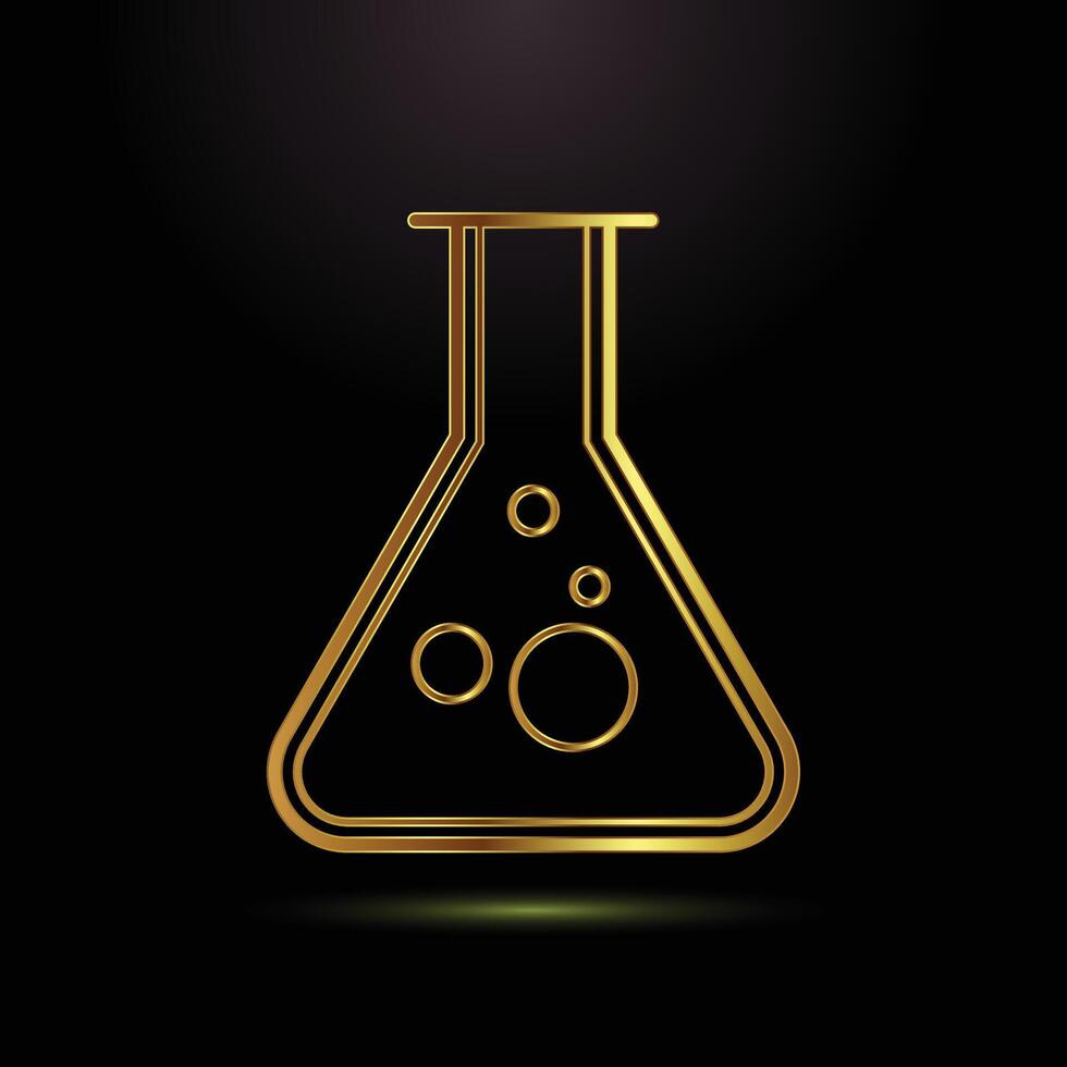 Golden outline of a laboratory flask with bubbles on a black background vector