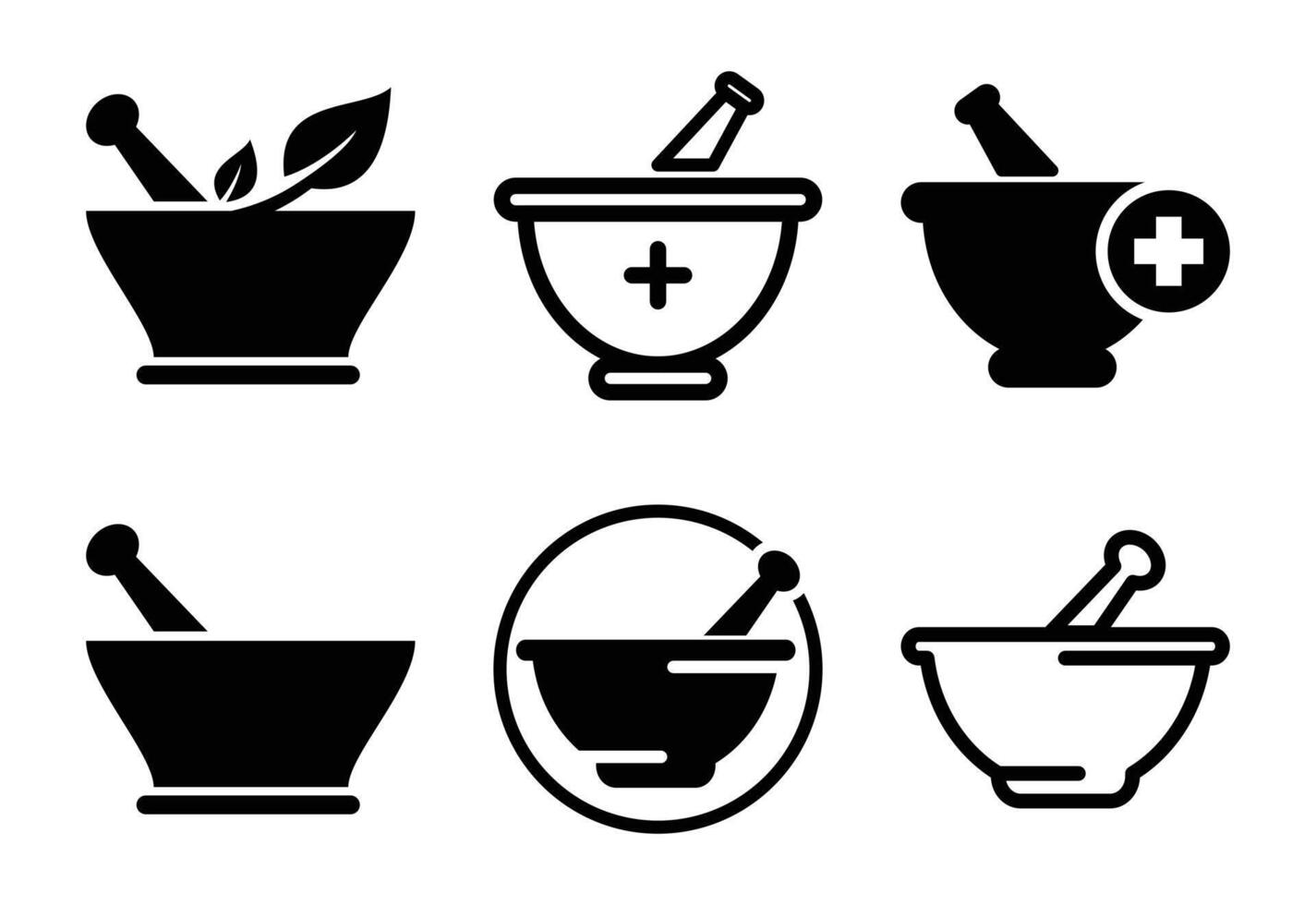 Collection of six diverse mortar and pestle icons representing pharmacy and herbal medicine, black on white background vector