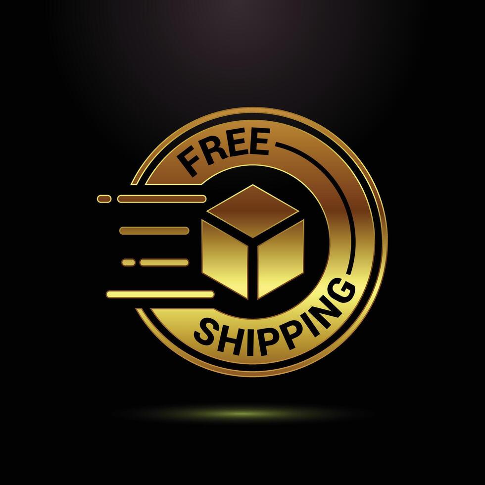 Golden free shipping badge with moving package icon on black background vector