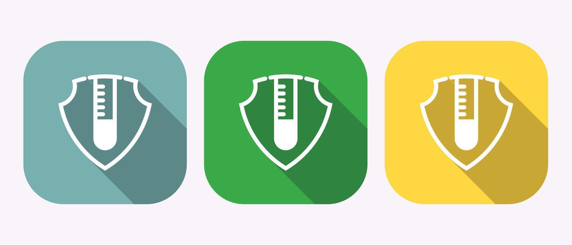 Three rounded square icons featuring a white shield with a test tube inside and long shadow, chemical resistant icons vector