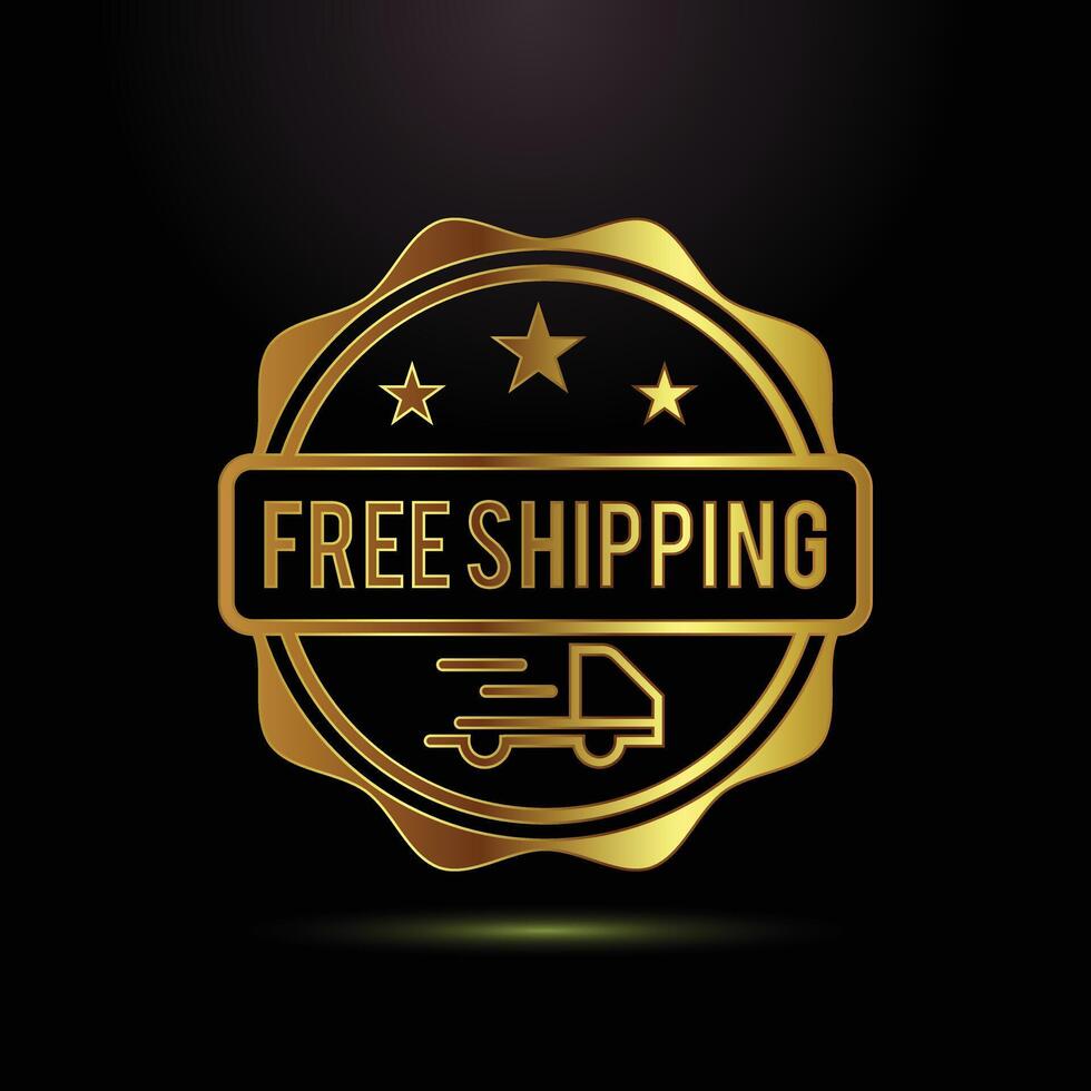 Golden free shipping badge with truck icon and stars on black background vector