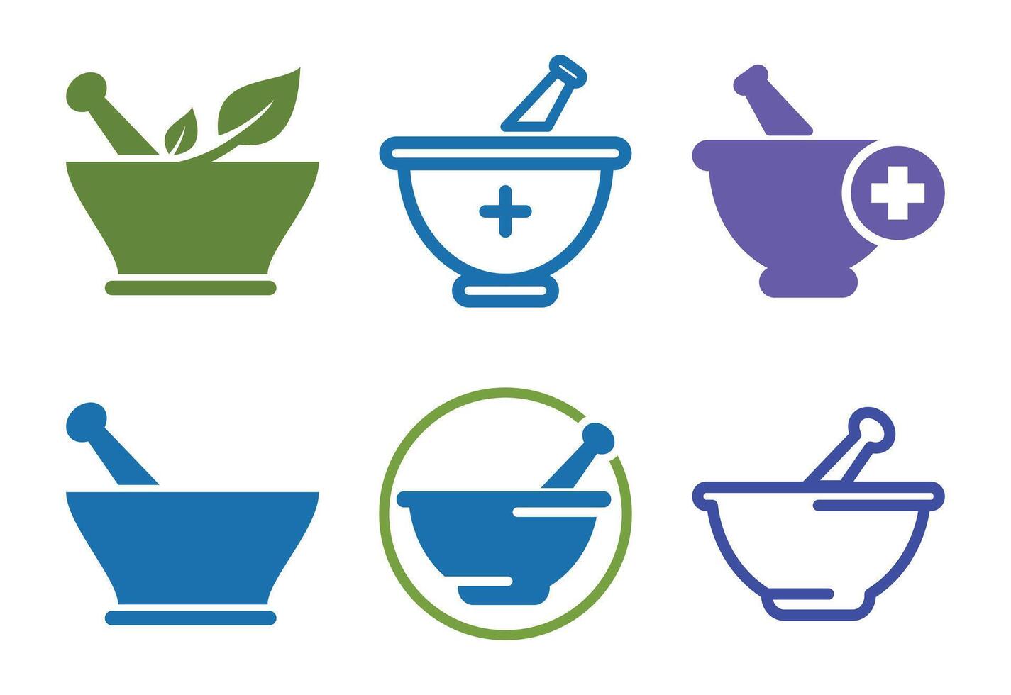 Collection of six mortar and pestle icons representing pharmacy and herbal medicine vector