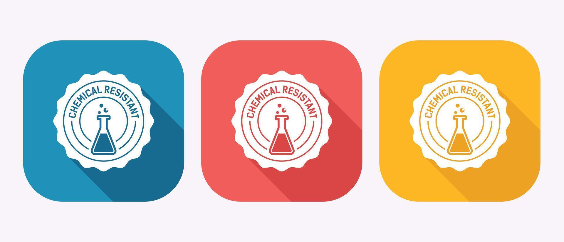 Set of three chemical resistant icons with laboratory flask and bubbles vector