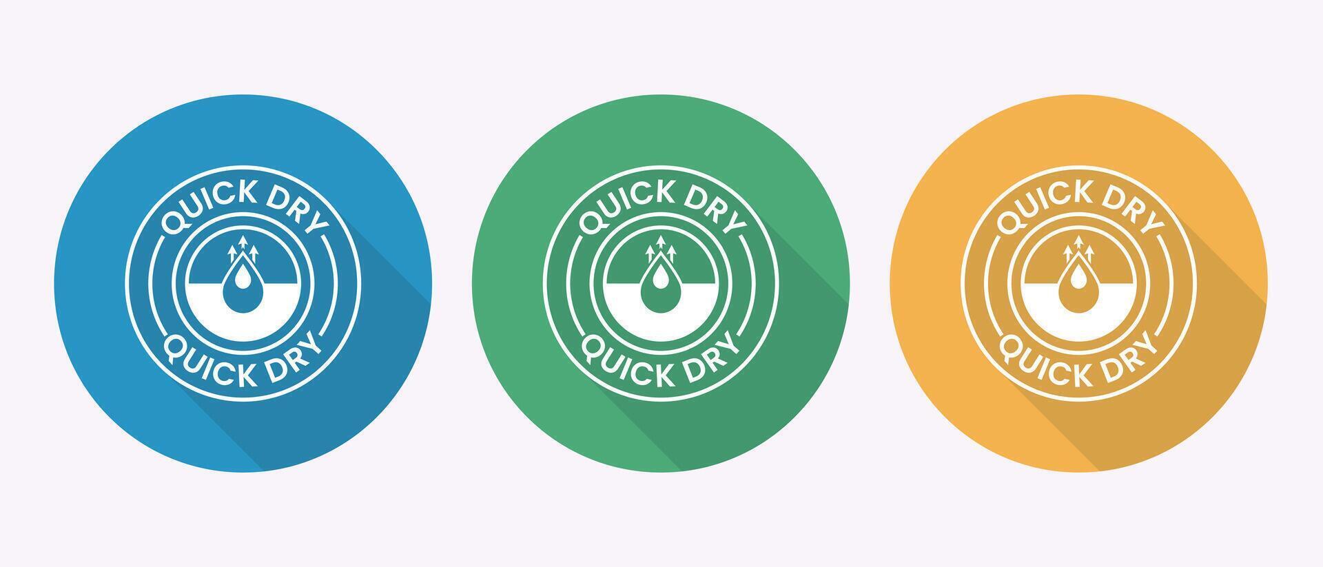Three circular icons with quick dry technology symbol in blue green and orange vector