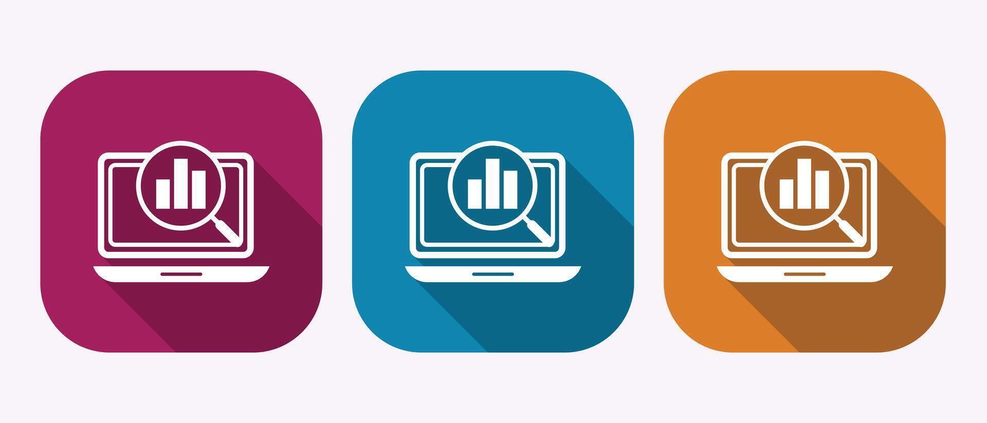 Laptop screen with magnifying glass over bar chart icon in three different colors vector