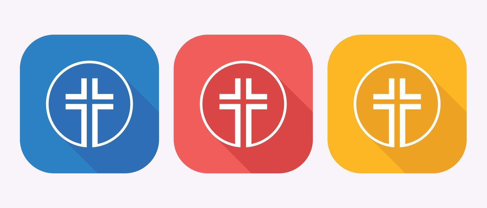 Modern Christian Cross App Icons. Blue, Red, and Gold Square Buttons with Long Shadows. vector