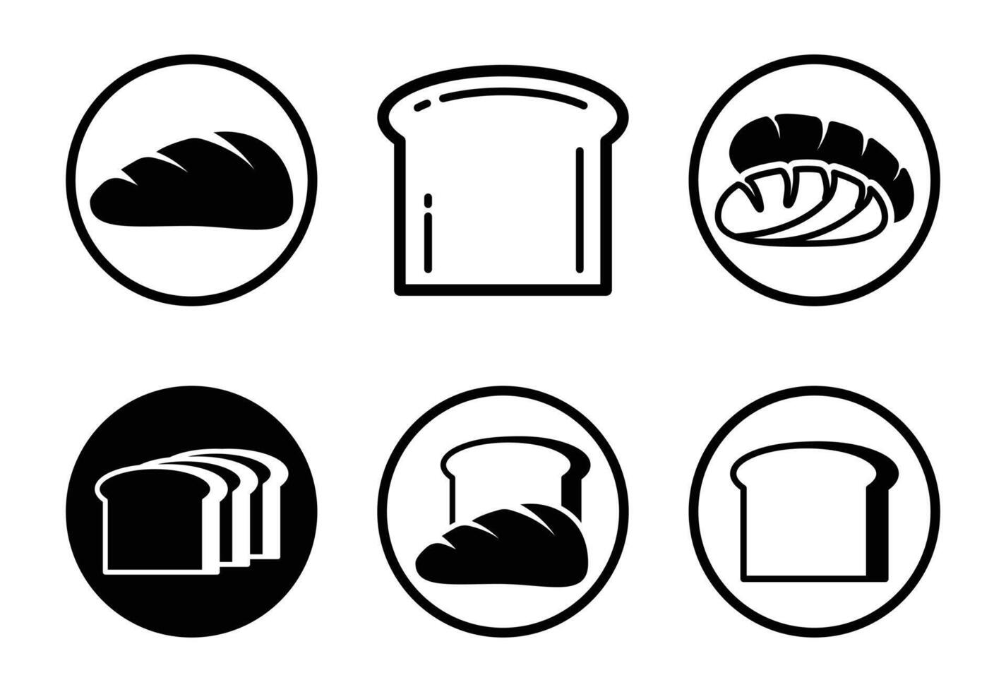Six Simple Black and White Bread Icons. Loaf, Slice, and Toasted Bread Illustrations. vector