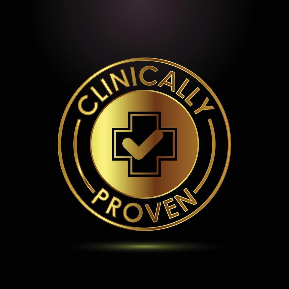 Gold Clinically Proven Seal. Medical, Healthcare, Premium Quality Assurance Badge vector