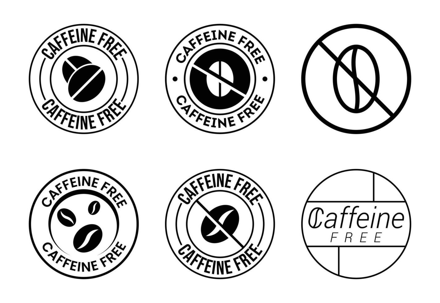 Collection of six black and white caffeine free icons and symbols vector