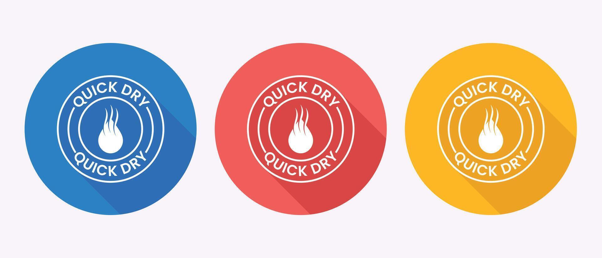 Three circular icons with white quick dry symbols and flame graphics vector
