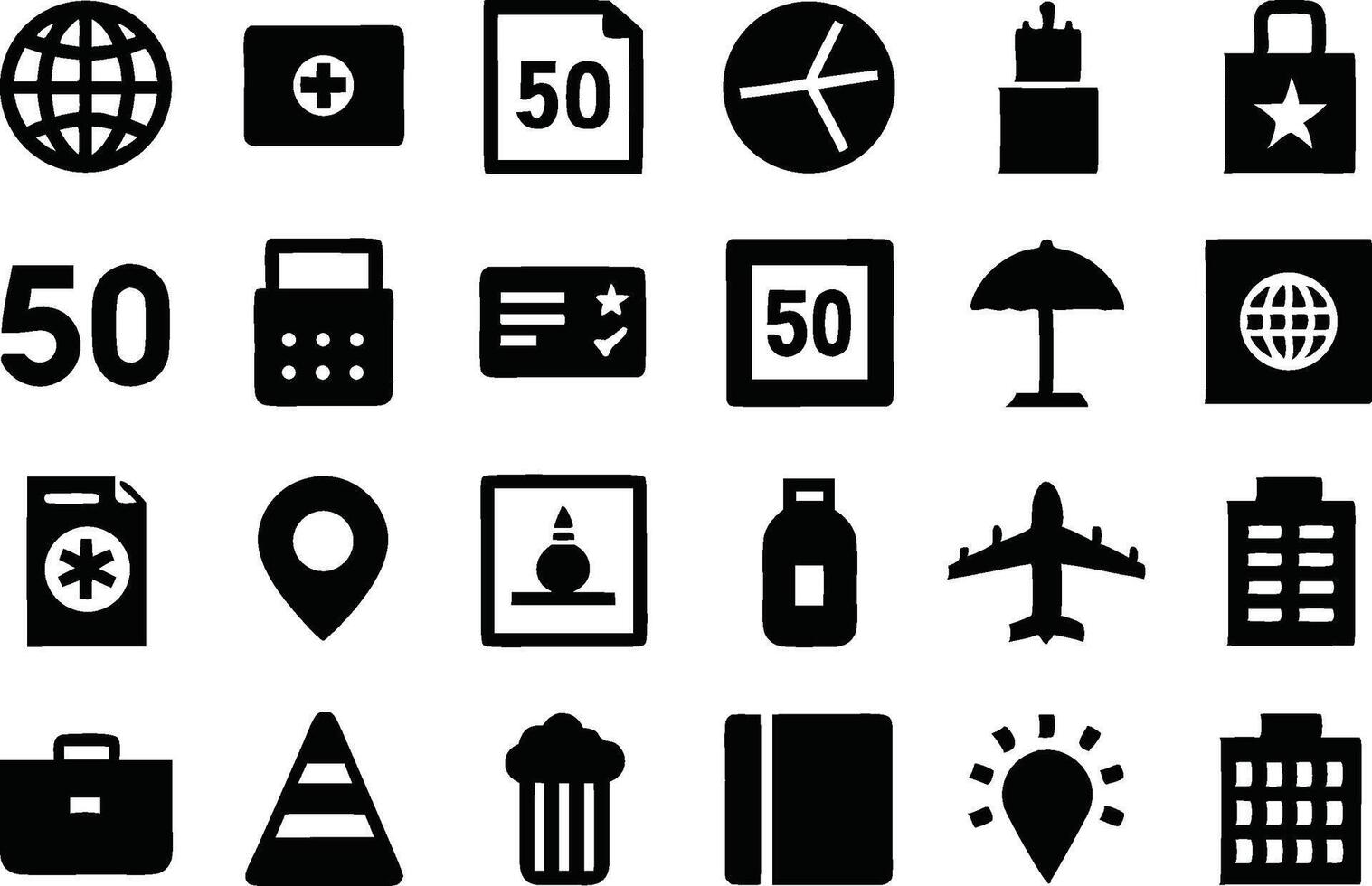 A set of black and white icons that include a plane, hotel, and other items vector