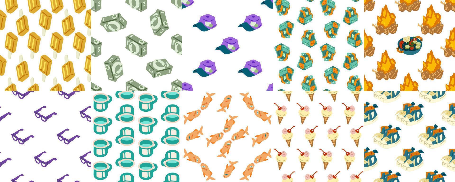 Colorful pattern designs featuring various items vector