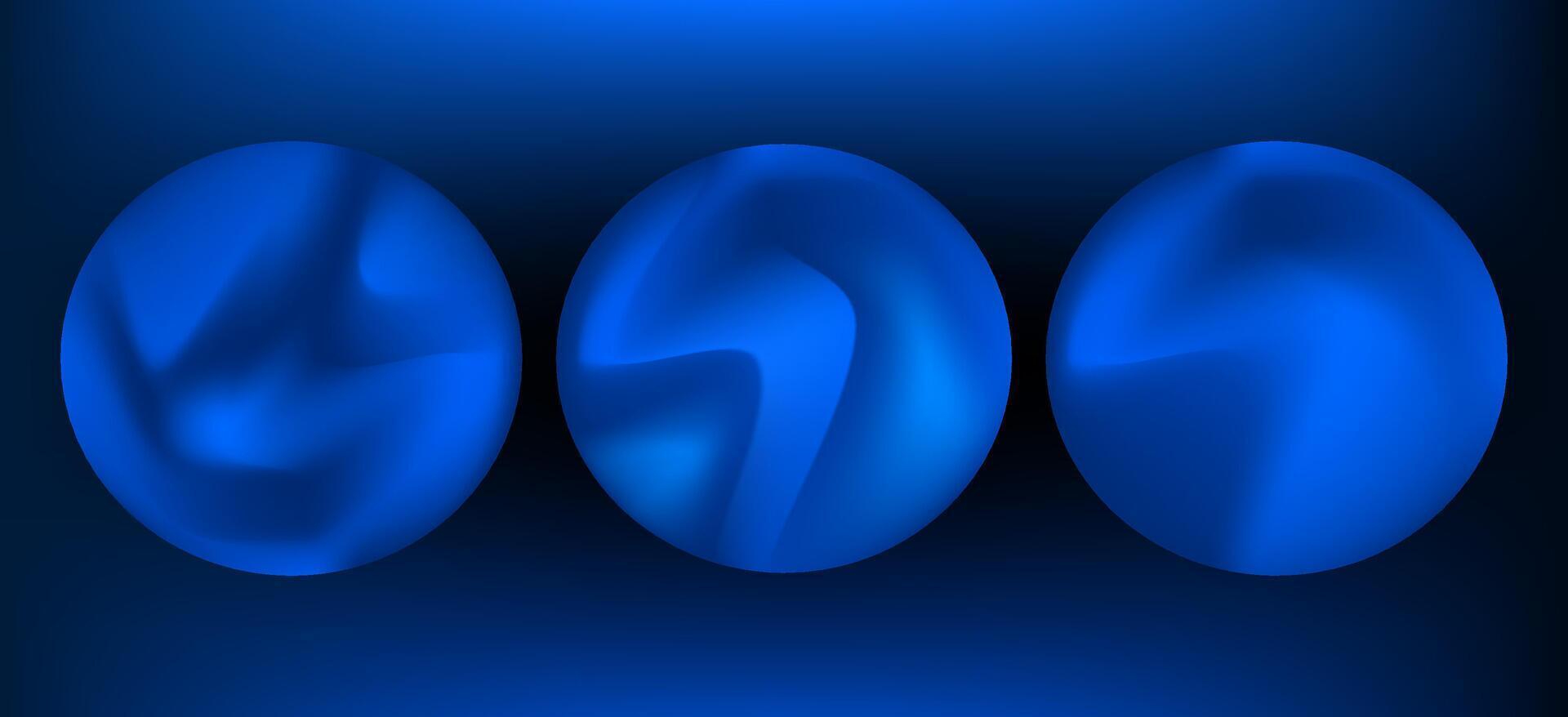A stunning trio of abstract 3D blue spheres with soft fluid gradients and minimal futuristic vibes. Each circular design features smooth, liquid like textures in vibrant blue tones. vector