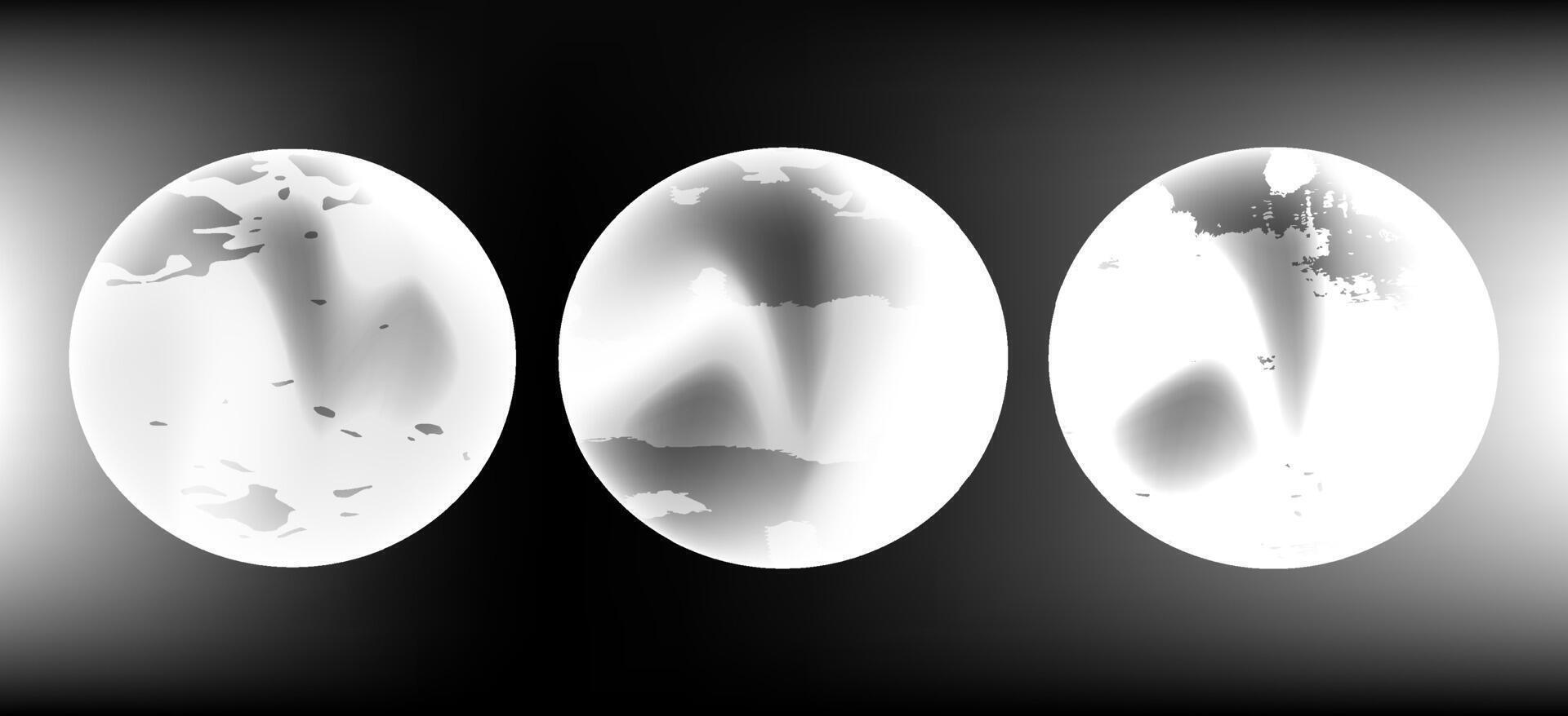Three glowing abstract planets on a dark gradient background, featuring surreal textures, perfect for digital art, tech themes, or futuristic space designs vector