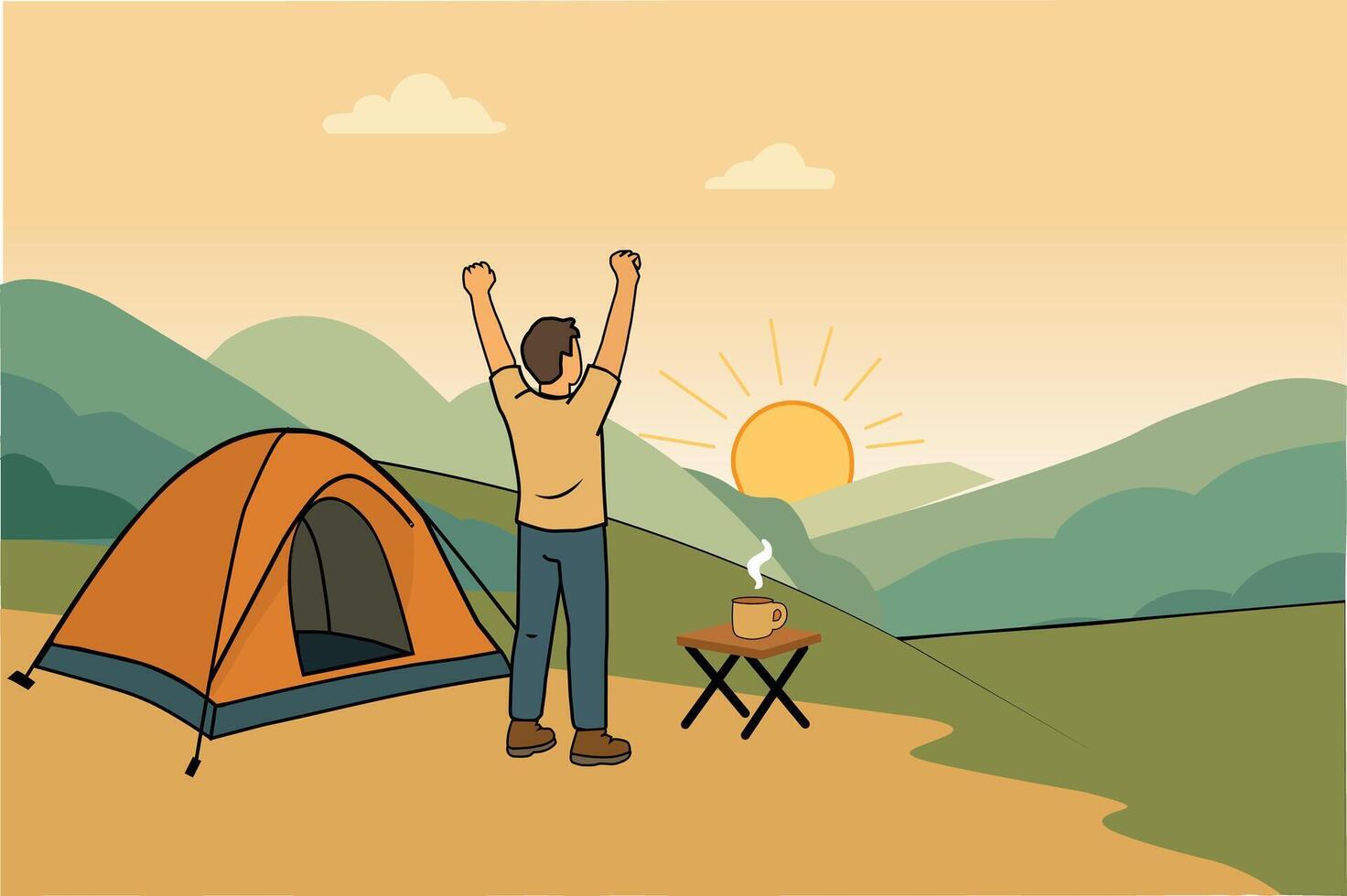 Man Enjoying Morning Sunrise at Campsite Outdoor Adventure vector