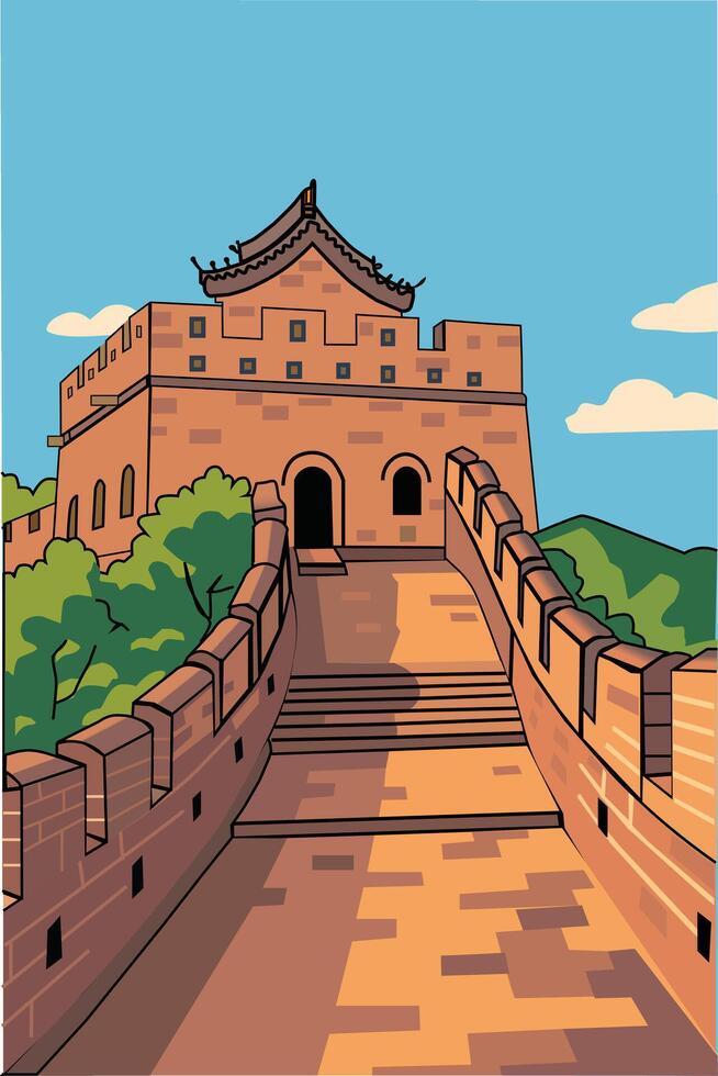 The Great Wall of China with Tower and Scenic View vector