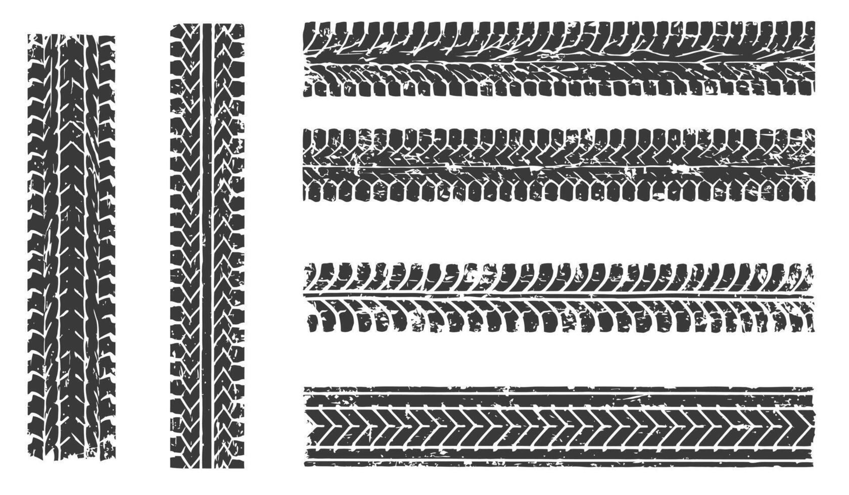 Tire tracks, set of vectors of tread tracks. A frame made of tracks from a truck, a car with a grunge effect