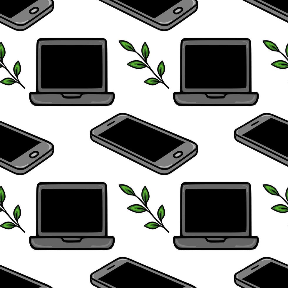 Seamless pattern featuring laptops, smartphones, and small green leaves, creating a modern and minimalist design ideal for backgrounds or textile prints. vector
