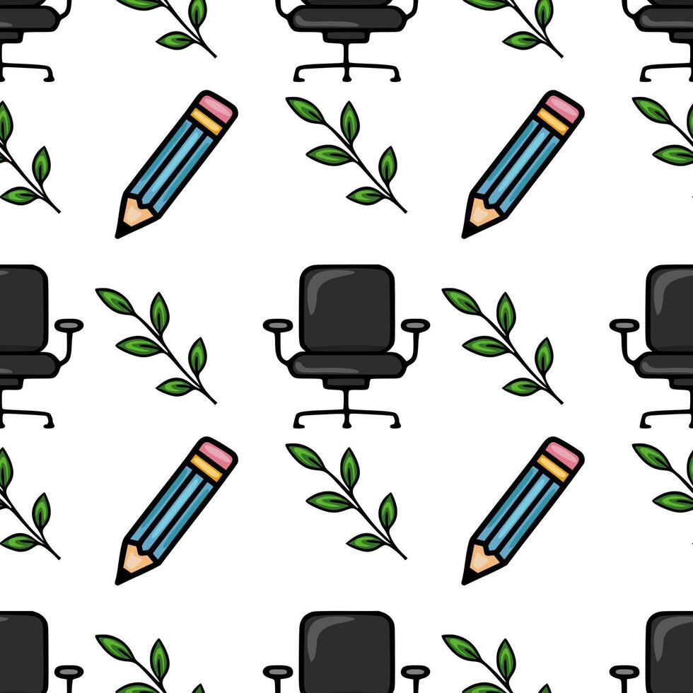 Seamless pattern featuring office chairs, pencils, and green leaves, creating a playful and productive office workspace design. vector