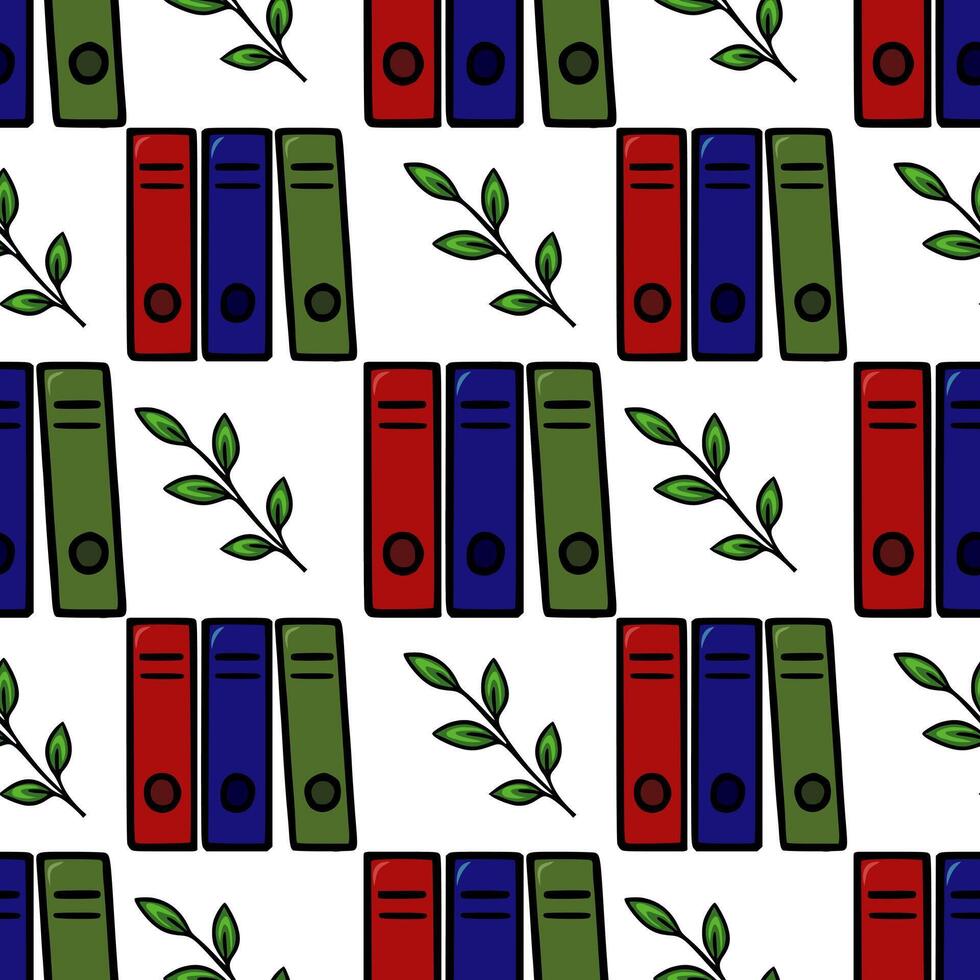 Seamless pattern of colorful office folders and green leaves, a playful design for stationery or educational materials. vector