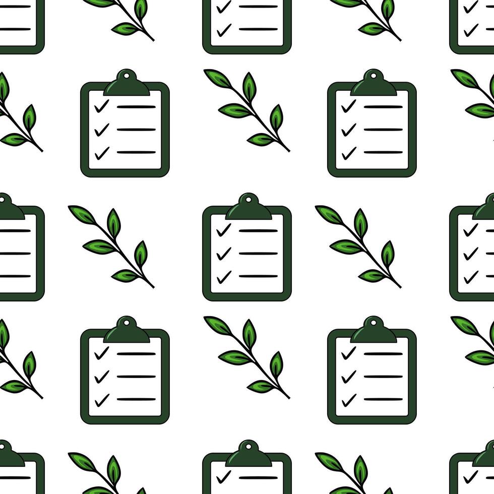 Seamless pattern featuring dark green clipboards with checklists and stylized green leaves, ideal for eco-friendly or organizational themed designs. vector