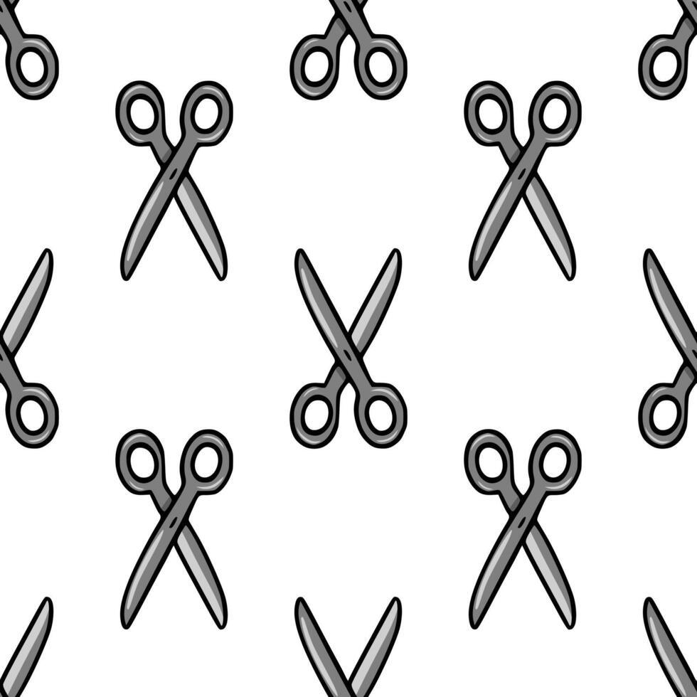 Seamless pattern of stylized silver scissors on a white background, perfect for crafting, hairdressing, or office-themed designs. vector