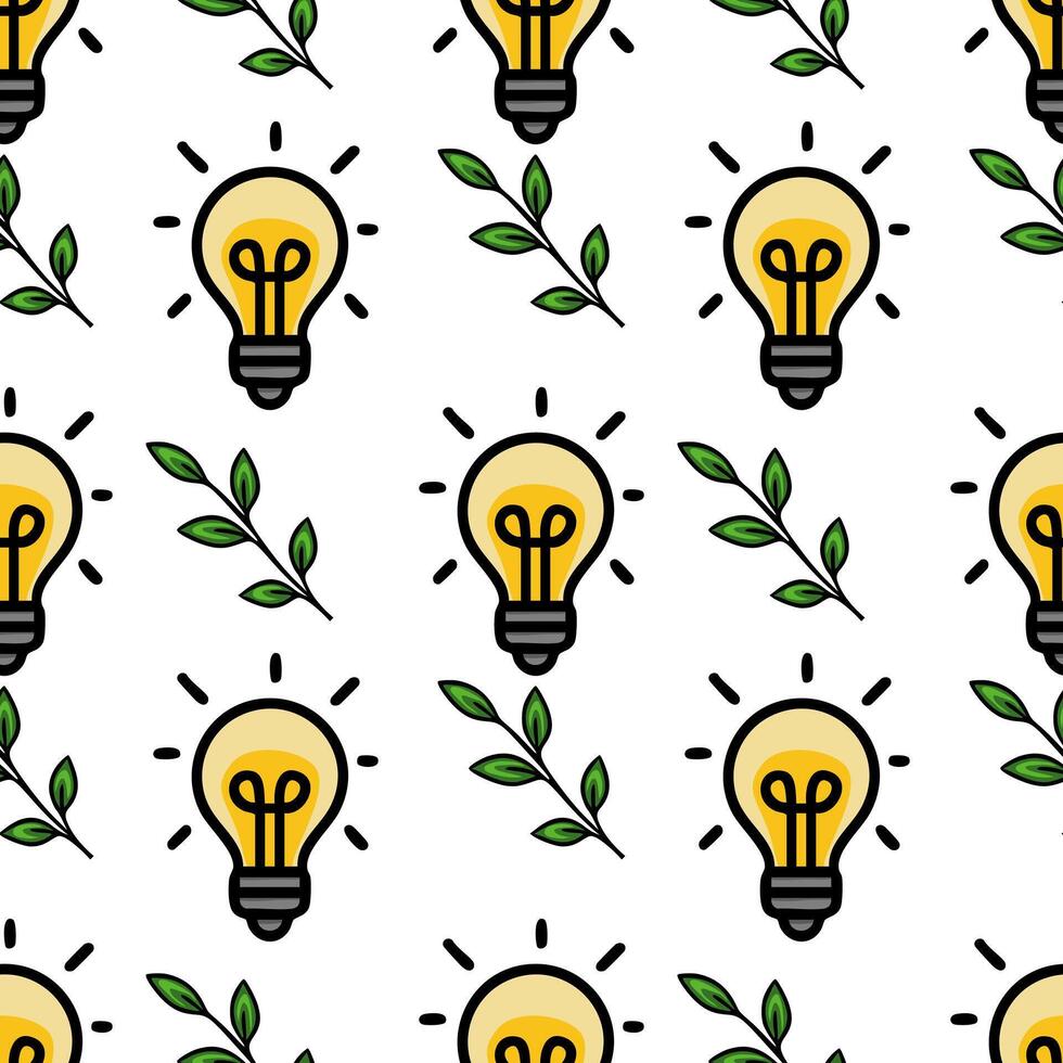 Seamless pattern of light bulbs and green leaves, symbolizing ecofriendly ideas and sustainable innovation, perfect for eco-themed designs. vector