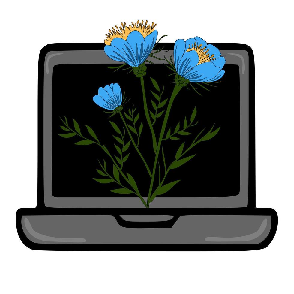 illustration of a laptop screen displaying a stylized bouquet of blue and yellow flowers, a unique design for digital backgrounds or prints. vector