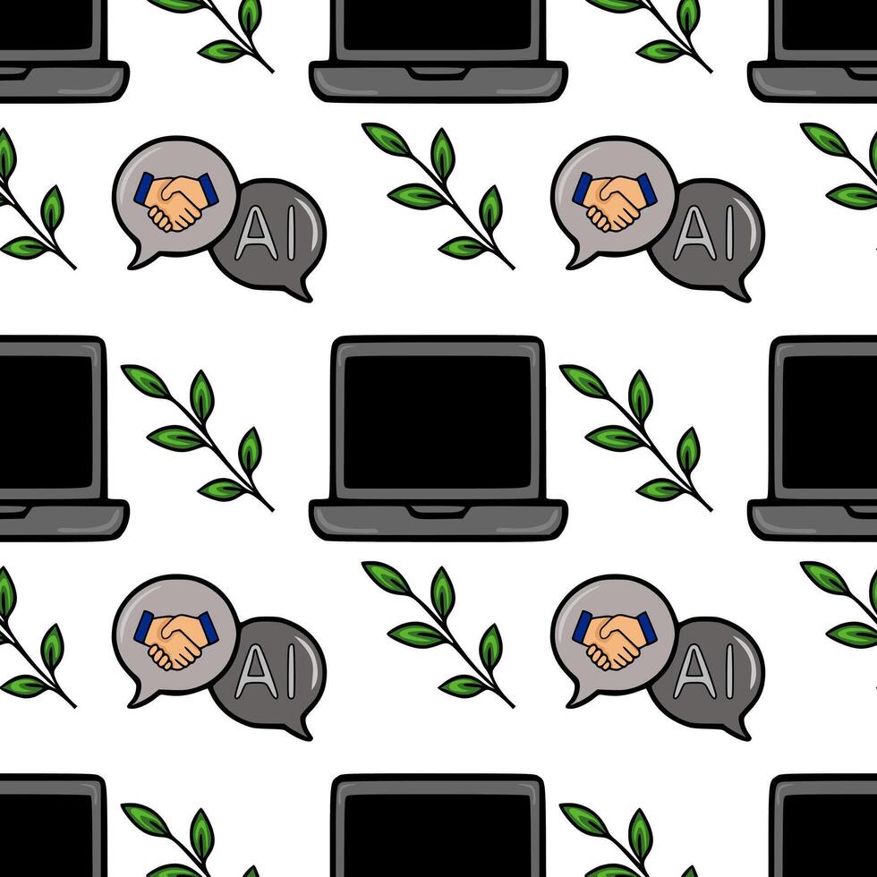 Seamless pattern featuring laptops, handshake symbols, AI lettering, and green leaves, illustrating a concept of AI partnership and collaboration in a modern tech environment. vector