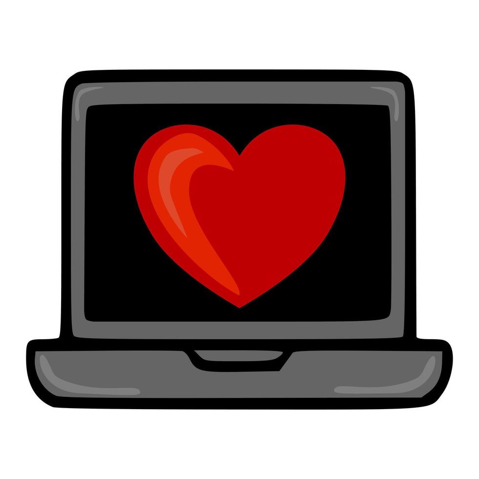 A playful illustration of a laptop displaying a large, stylized red heart, suggesting online love or digital affection. vector