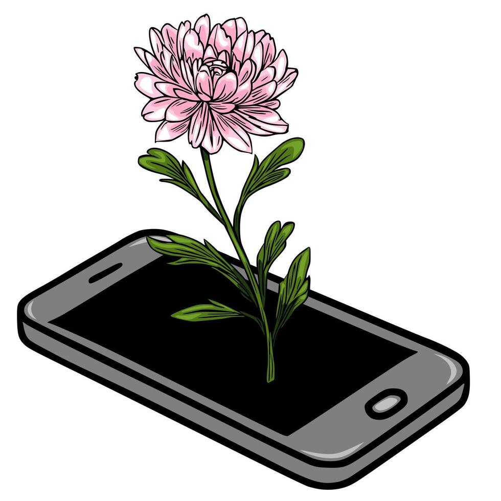 illustration of a pink chrysanthemum flower seemingly emerging from a smartphone screen, showcasing a unique blend of nature and technology. vector