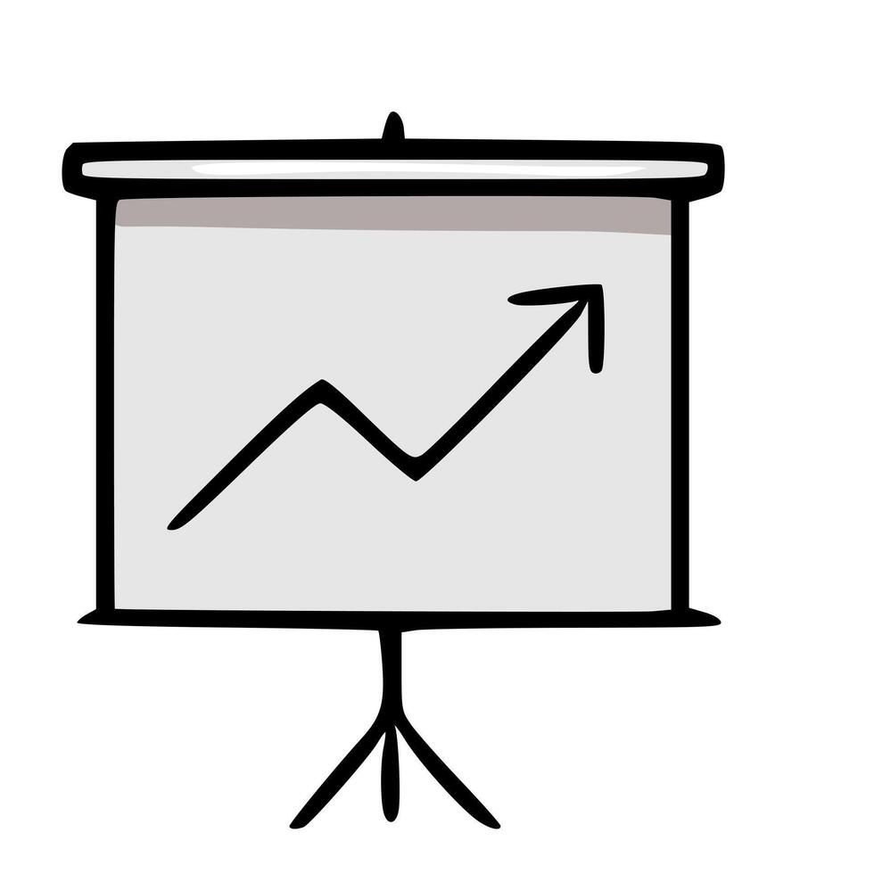 Hand-drawn illustration of a projector screen displaying an upward trending line graph, symbolizing growth and progress in business presentations. vector