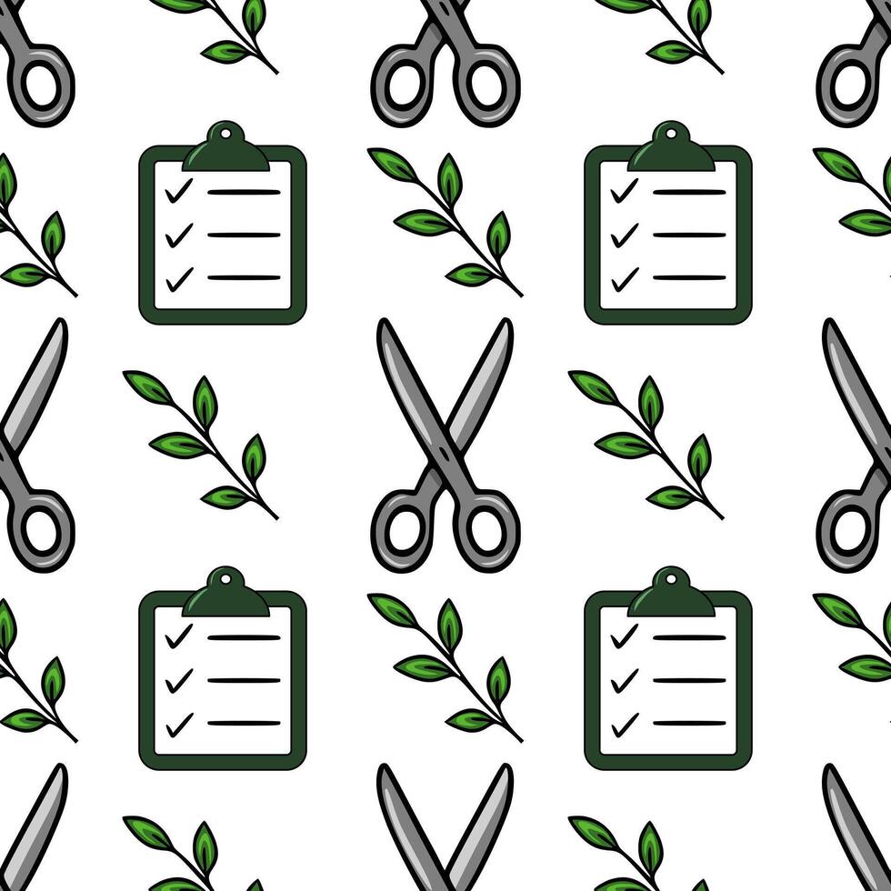 Seamless pattern with handdrawn illustrations of scissors, checklists, and green leaves, ideal for crafting, gardening, or office-themed designs. vector