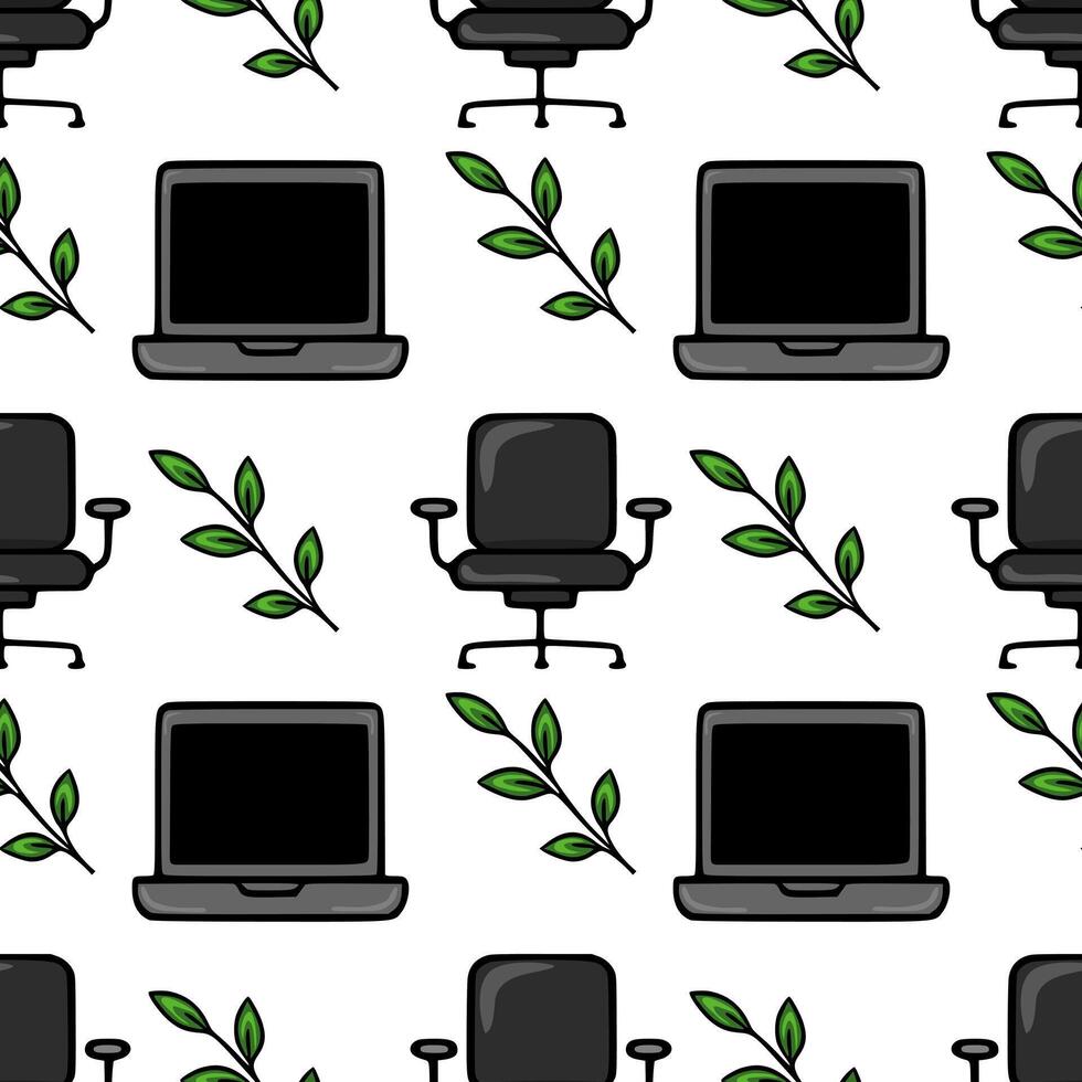 Seamless pattern of office chairs, laptops, and green leaves, a minimalist design ideal for office-themed backgrounds or stationery. vector
