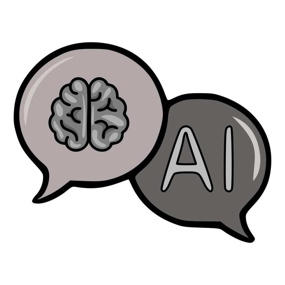 illustration of two speech bubbles, one depicting a brain and the other displaying AI, symbolizing the connection between human intelligence and artificial intelligence. vector