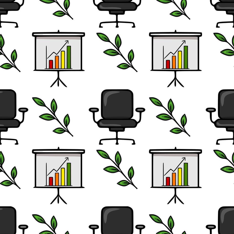 Seamless pattern featuring office chairs, presentation board with growth chart, and green leaves, creating a modern and ecofriendly office design. vector