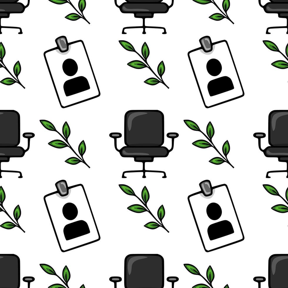 Seamless pattern featuring office chairs, employee ID cards, and green leaves, creating a modern and minimalist office design. vector