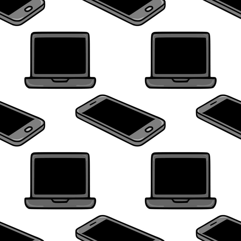 Seamless pattern of isometric laptops and smartphones, a minimalist grayscale design ideal for tech-related backgrounds and presentations. vector
