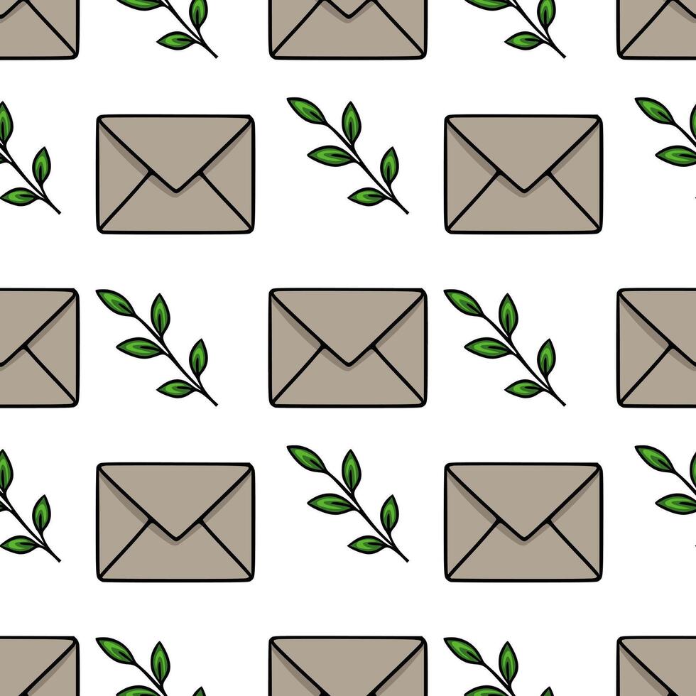 Seamless pattern featuring handdrawn taupe envelopes and stylized green sprigs, creating a minimalist and elegant design ideal for stationery or website backgrounds. vector