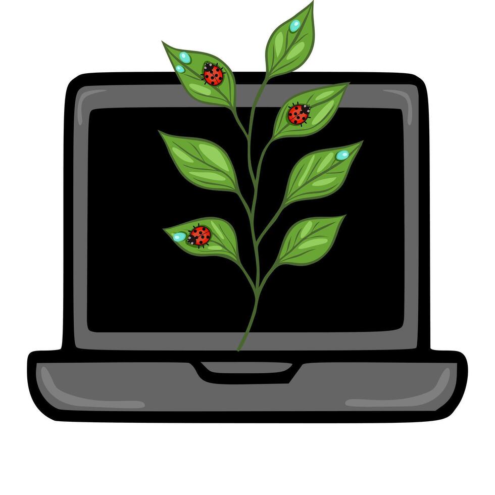 illustration of a laptop screen displaying a stylized green branch with ladybugs and dew drops, creating a nature-inspired technology concept. vector