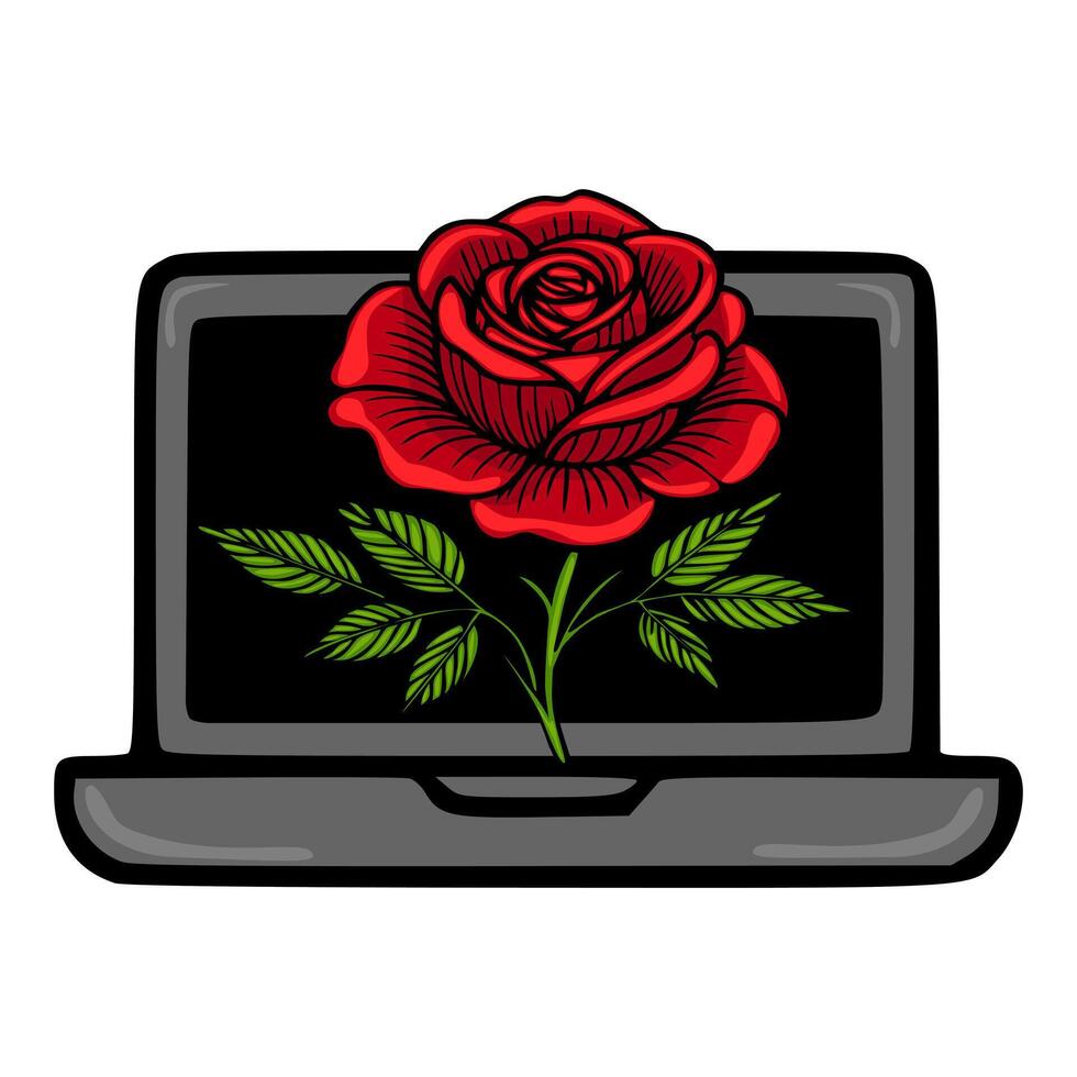 A illustration of a vibrant red rose elegantly displayed on a dark grey laptop screen, symbolizing the fusion of nature and technology. vector