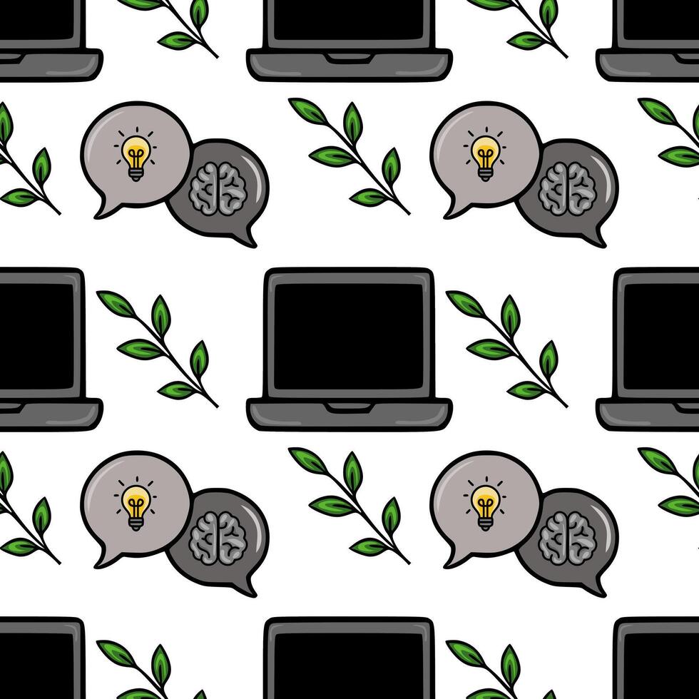 Seamless pattern featuring laptops, brain and lightbulb speech bubbles, and green leaves, representing creative ideas and technology. vector