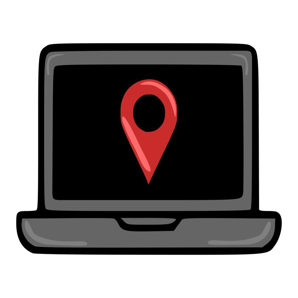A playful illustration of a laptop screen displaying a prominent red location pin, suggesting online navigation or geolocation services. vector