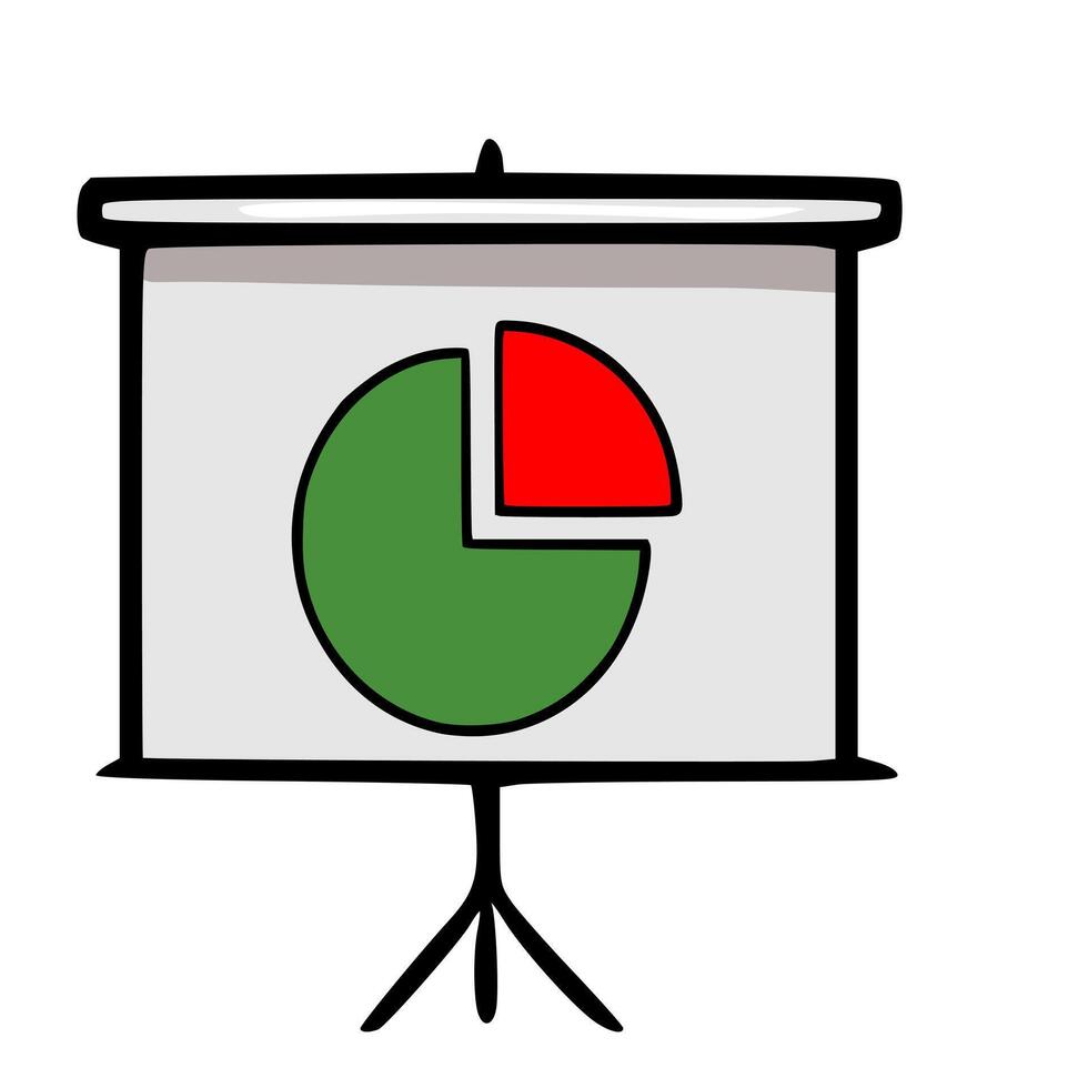 Hand-drawn illustration of a presentation screen displaying a simple pie chart with red and green segments, showcasing a minimalist design style. vector
