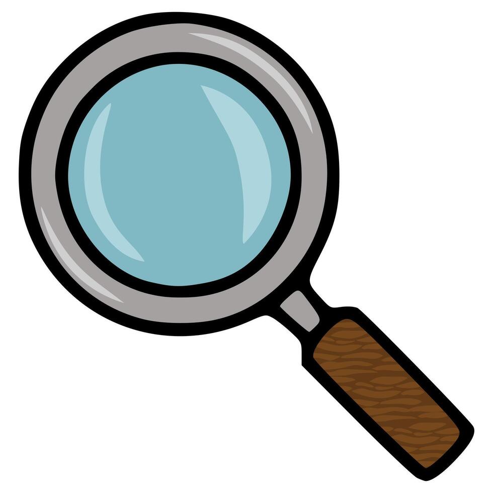 A illustration of a magnifying glass with a detailed wooden handle and a light blue lens, showcasing a cartoonish style and vibrant colors. vector