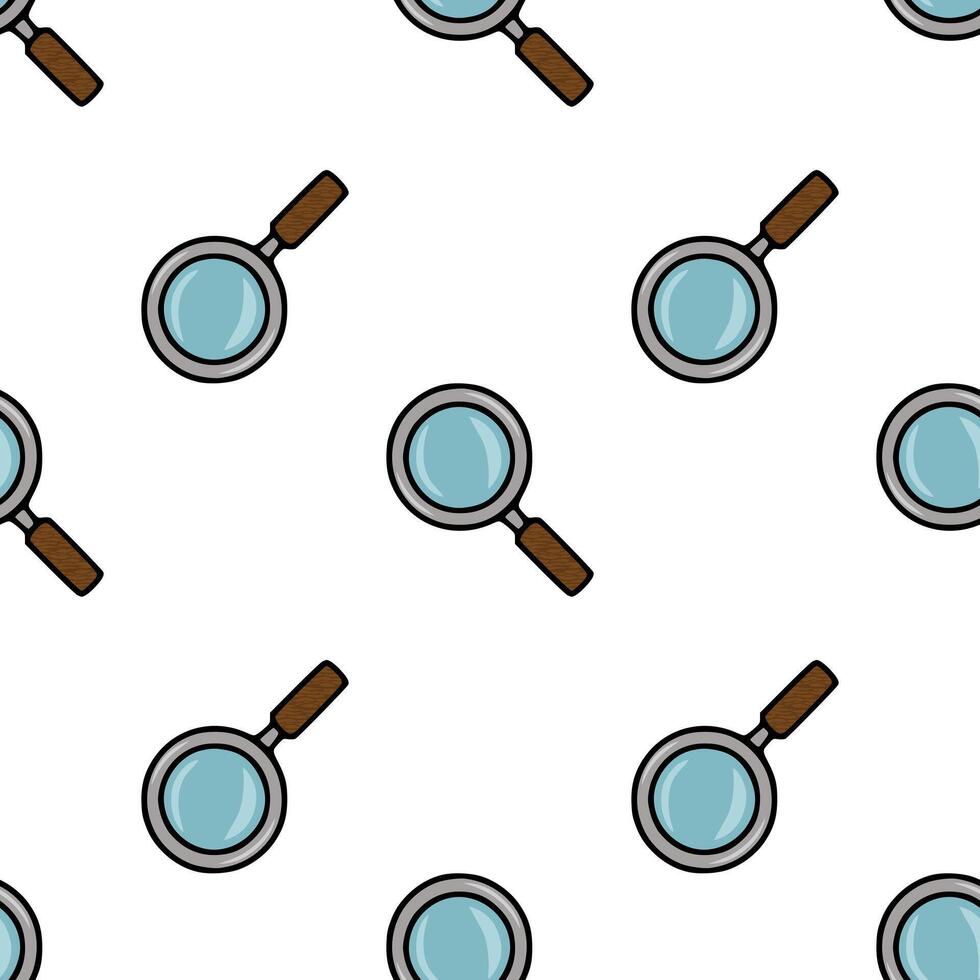 Seamless pattern of hand-drawn magnifying glasses with wooden handles, featuring a light teal lens and a repeating design on a white background. vector