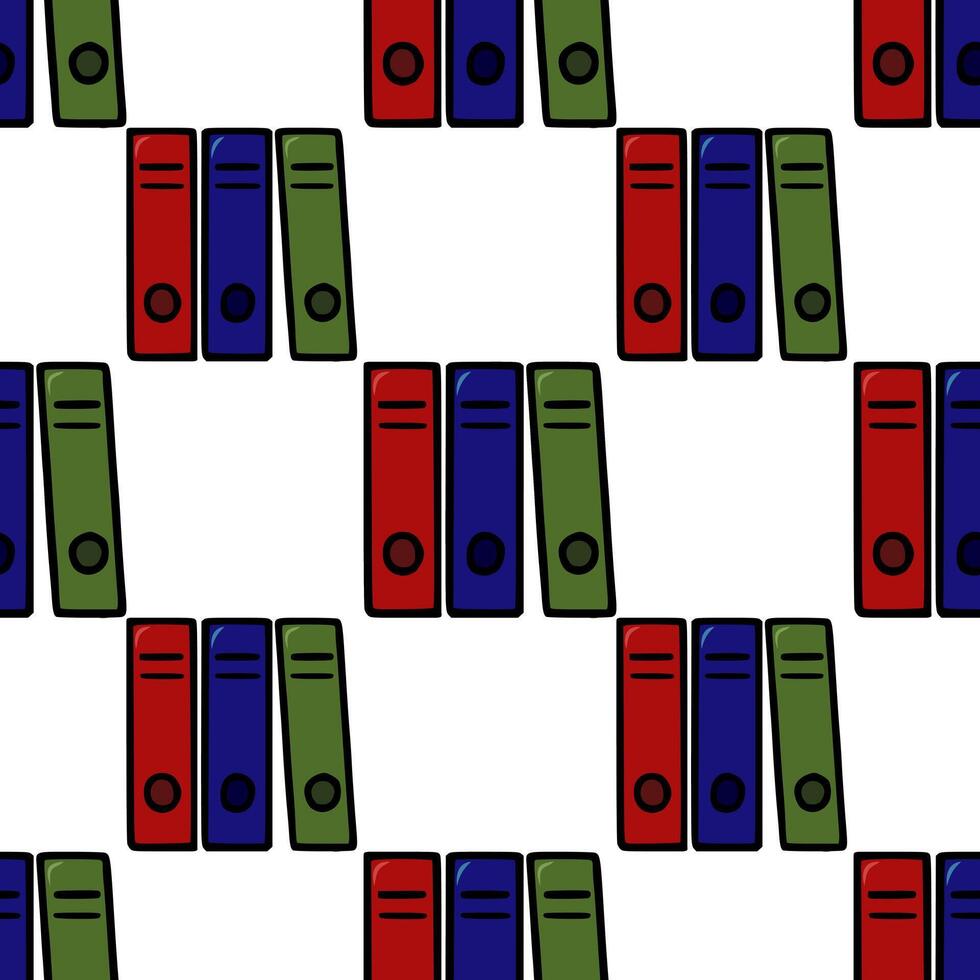 Seamless pattern of colorful office binders, a cheerful and organized design with red, blue, and green binders arranged in a repeating pattern, perfect for office-themed projects. vector