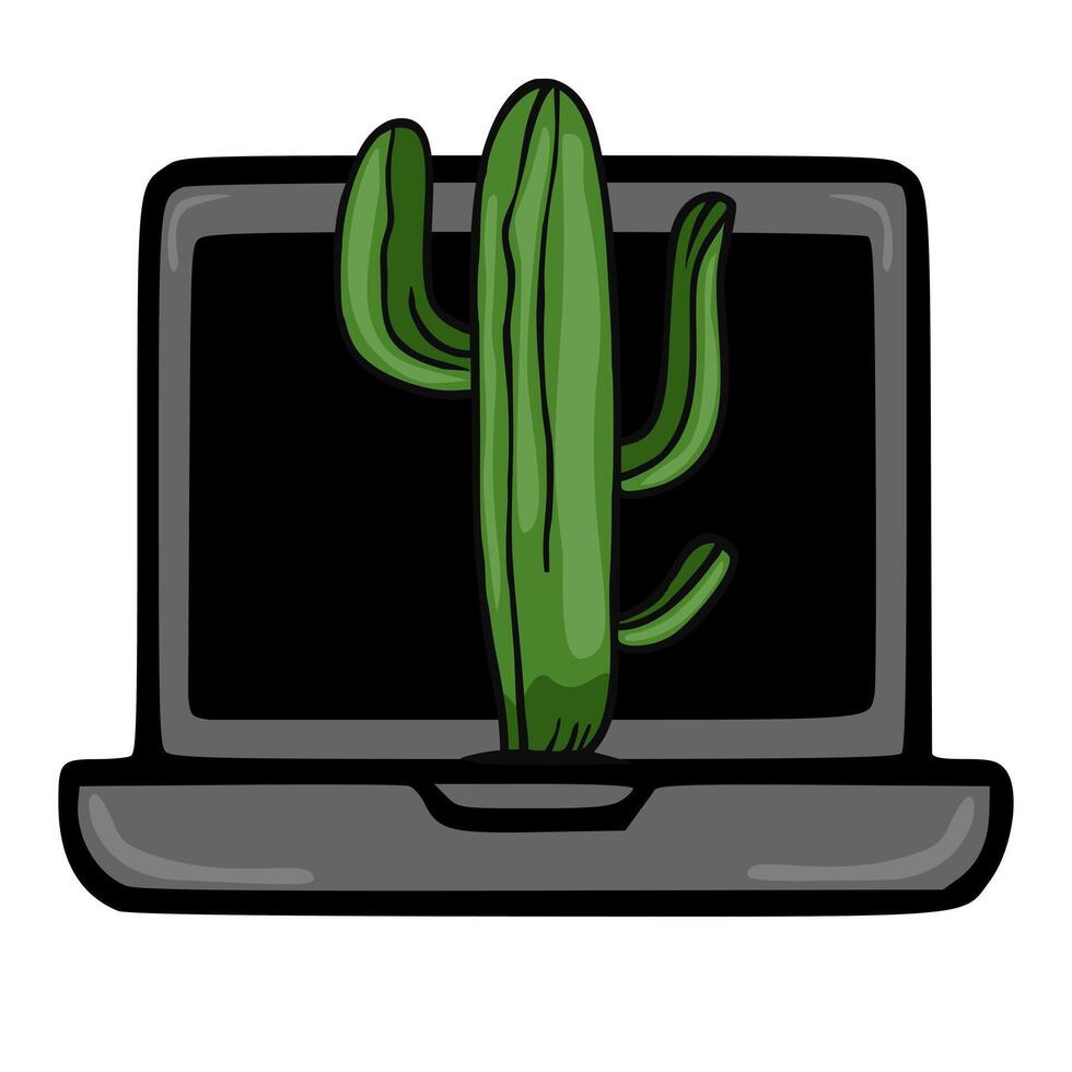 A whimsical illustration of a saguaro cactus playfully emerging from a closed laptop screen, creating a unique blend of nature and technology. vector