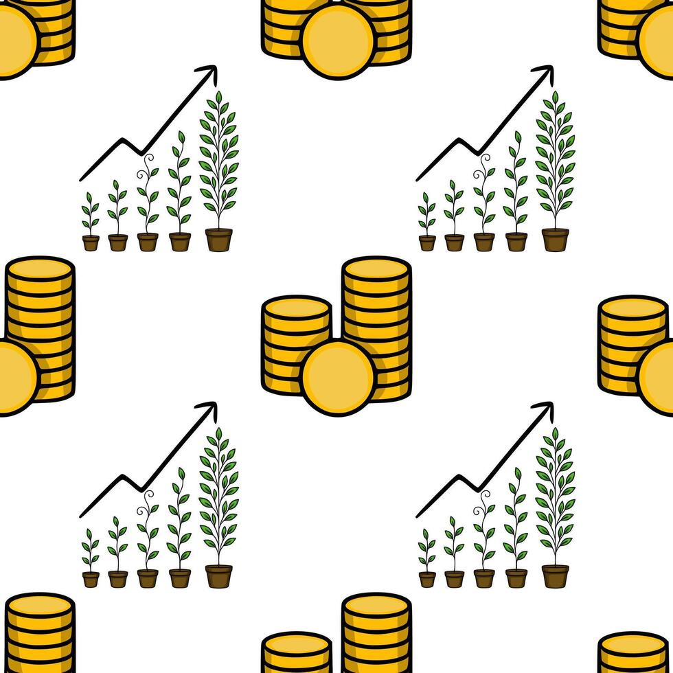 Seamless pattern illustrating financial growth, depicted with stacks of gold coins and potted plants progressing in size, symbolizing investment returns and prosperity. vector